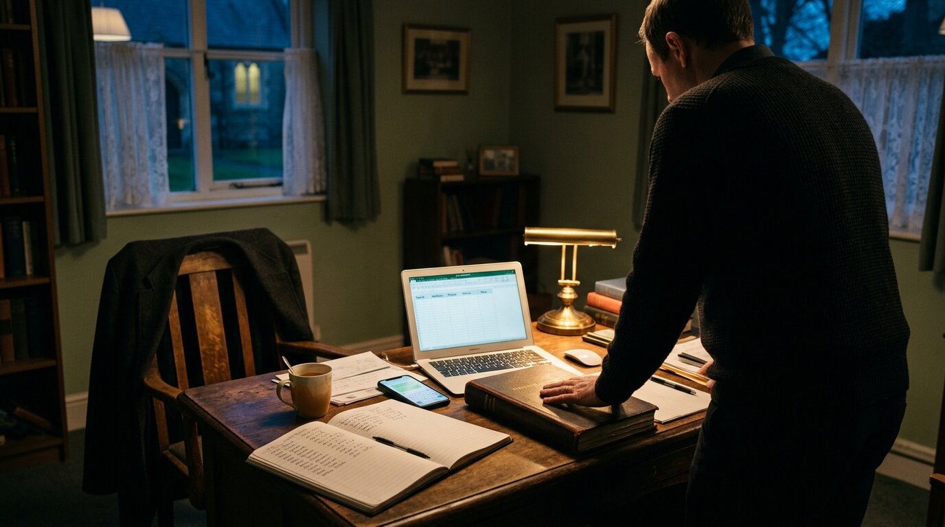 An empty church office at dusk with a notebook of member names open beside a cold laptop screen and a coat left on the chair.