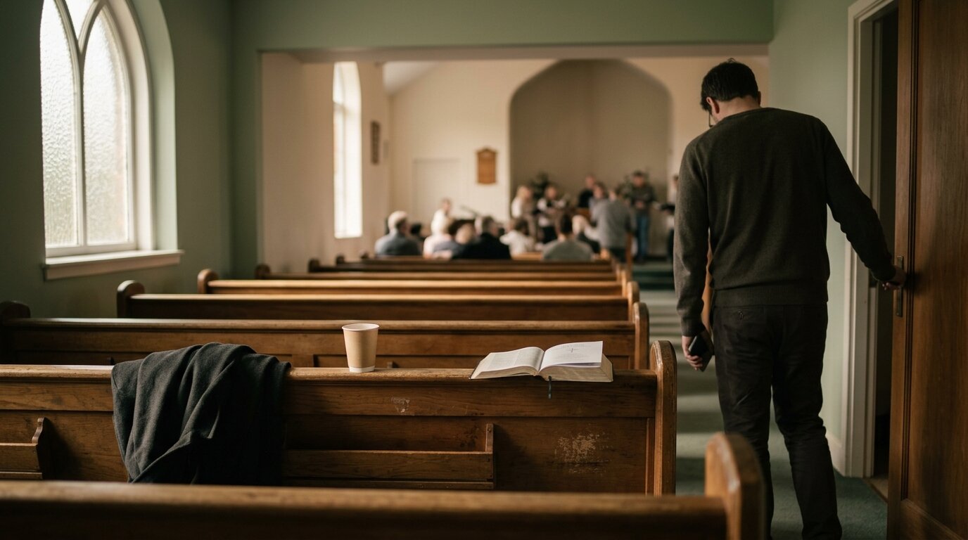 Un banco trasero vacío en una iglesia un domingo por la mañana, con un abrigo y una Biblia abierta sobre el asiento mientras una luz cálida entra por una ventana lateral.