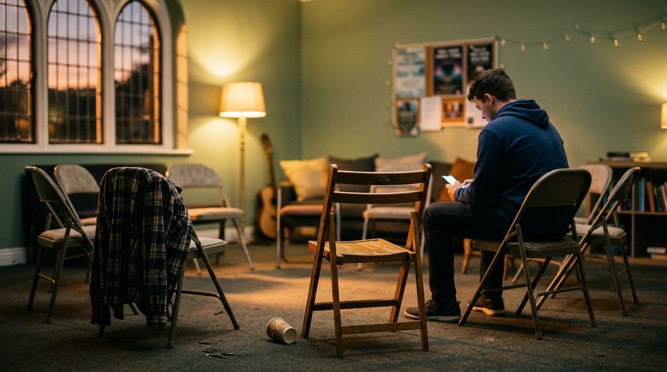 In a church youth room at dusk, a youth leader sits with his phone beside the one empty chair left after youth group